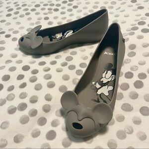 NWT Melissa Woman’s Ultragirl Minnie Peep Toe Mickey Ears Ballet Flat Grey Sz 5